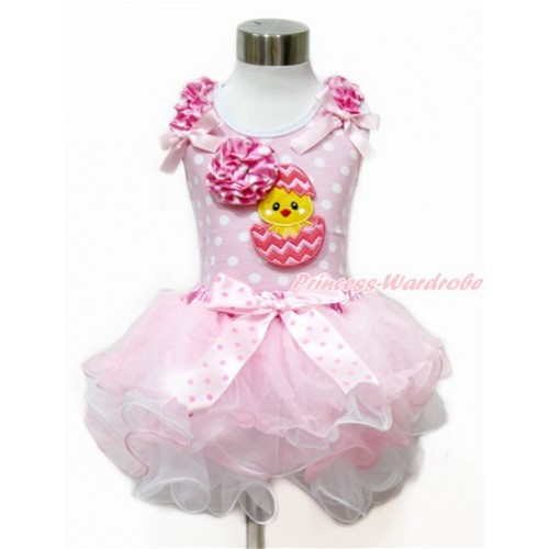 Easter Light Pink White Dots Baby Pettitop with Hot Pink White Dots Ruffles & Light Pink Bow with 3D Hot Pink White Dots Rose Chick Egg Print with Light Hot Pink Dots Bow Hot Pink White Polka Dots Waist Light Pink White Petal Newborn Pettiskirt NP067 